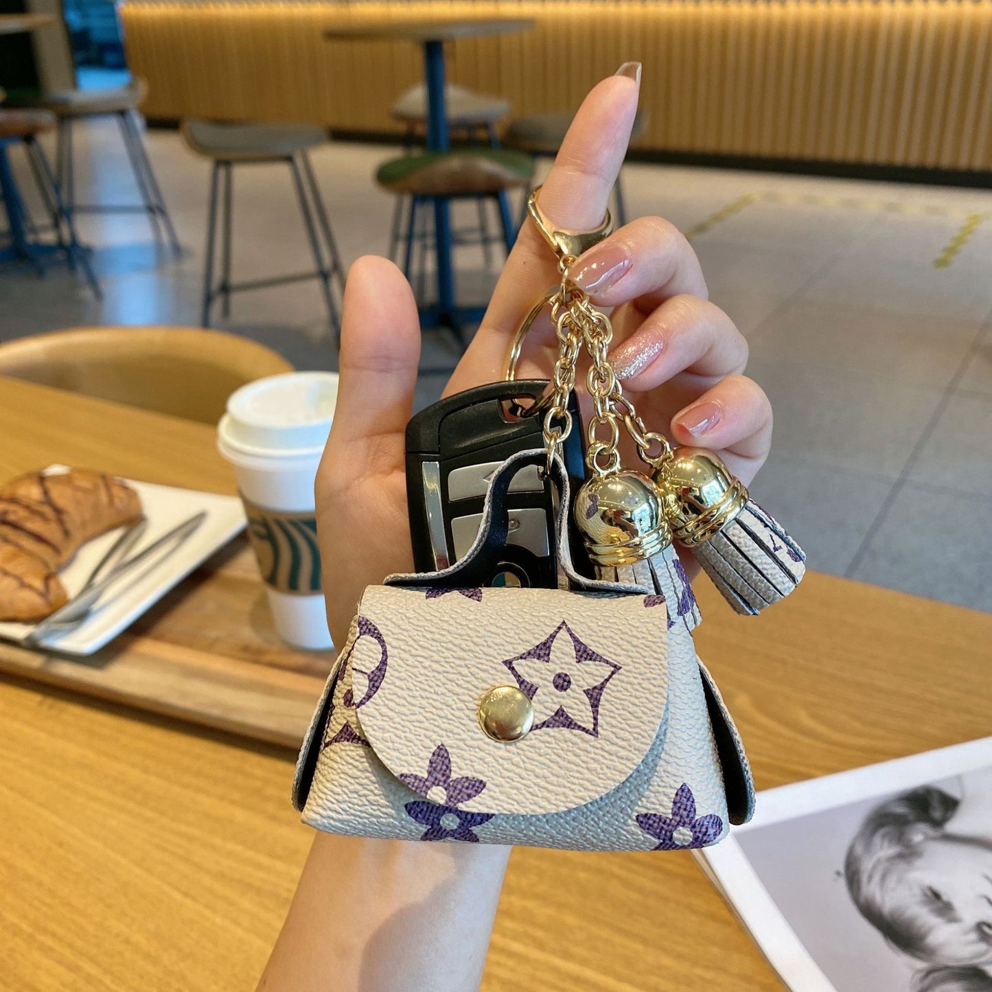 Coin Purse Mini Faux Leather Keychain with Tassel Flower