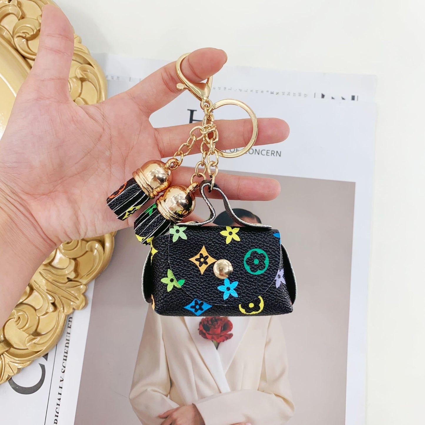 Coin Purse Mini Faux Leather Keychain with Tassel Colorful
