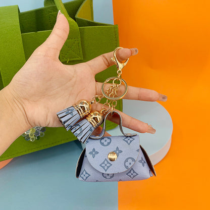 Coin Purse Mini Faux Leather Keychain with Tassel Flower