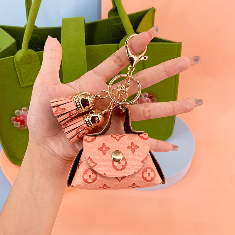 Coin Purse Mini Faux Leather Keychain with Tassel Flower
