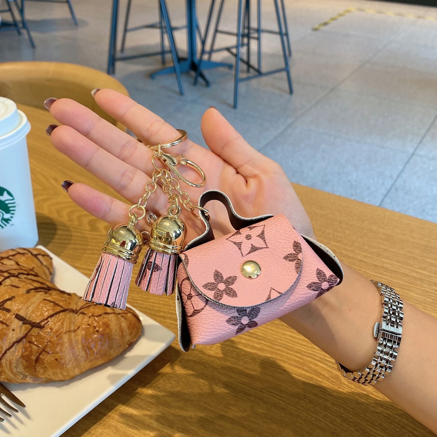 Coin Purse Mini Faux Leather Keychain with Tassel Flower