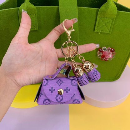 Coin Purse Mini Faux Leather Keychain with Tassel Flower