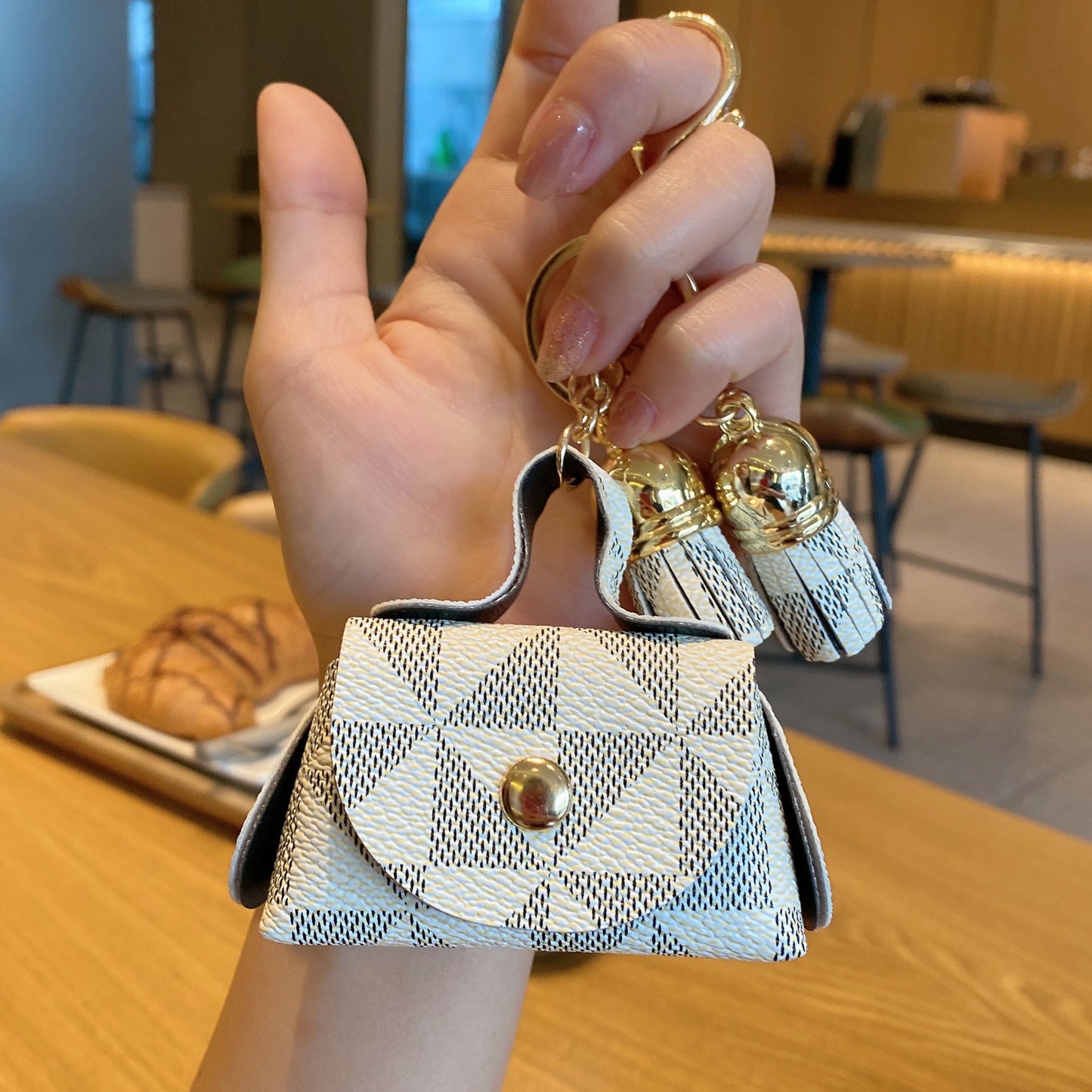 Coin Purse Mini Faux Leather Keychain with Tassel Triangle