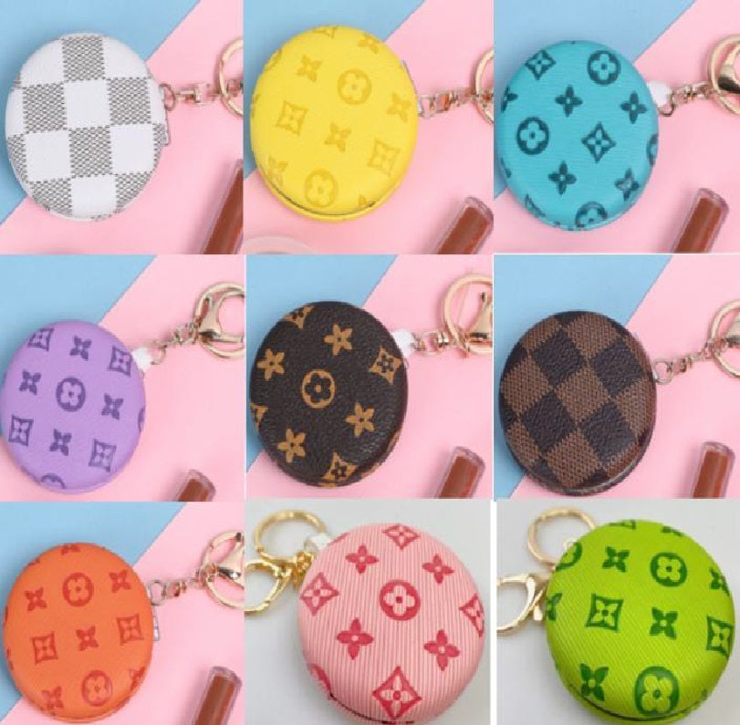 Mini Folding Makeup Mirror Round Leather with Key Ring