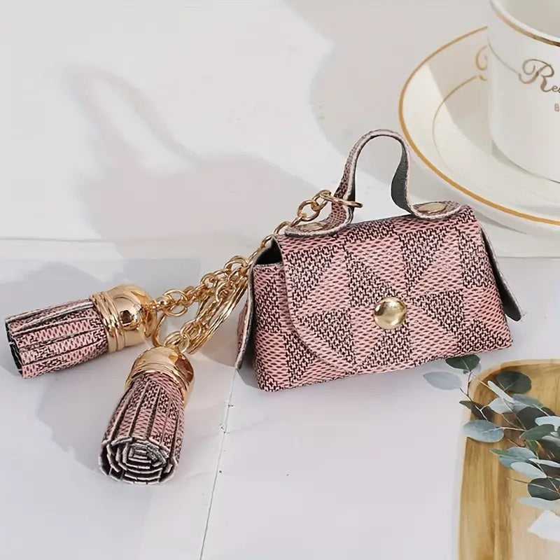 Coin Purse Mini Faux Leather Keychain with Tassel Triangle